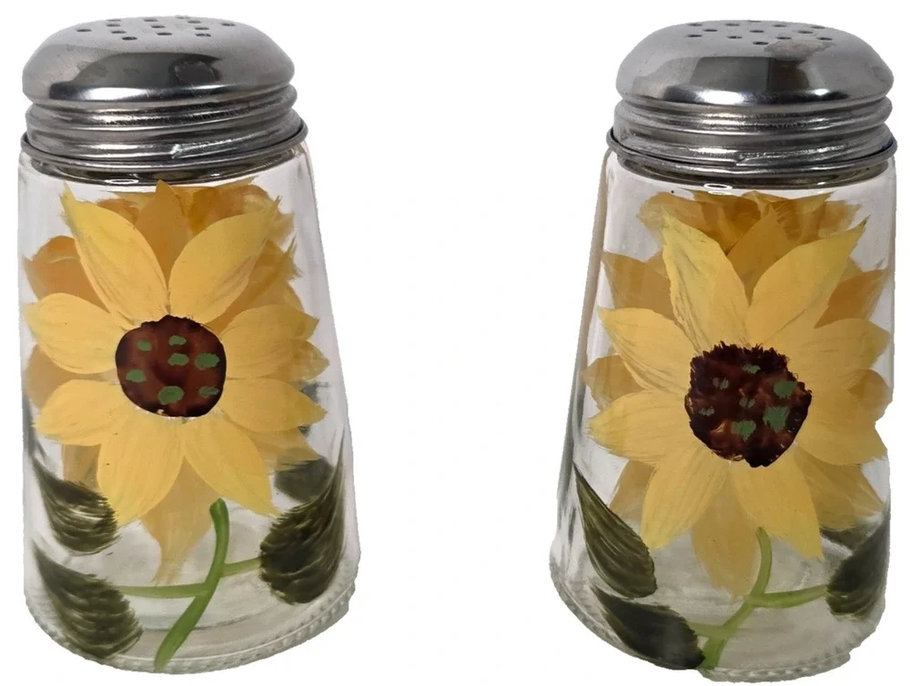 Hand Painted Sunflower Glass Salt Pepper Shaker Set Farmhouse Kitchen Decor